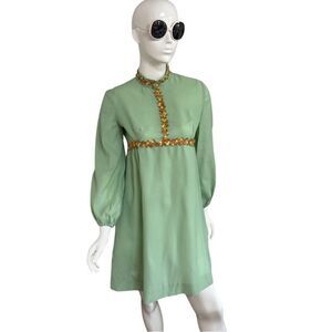 Sweet 1960s Pastel Mock Neck Embroidered Balloon Sleeve Mini Dress